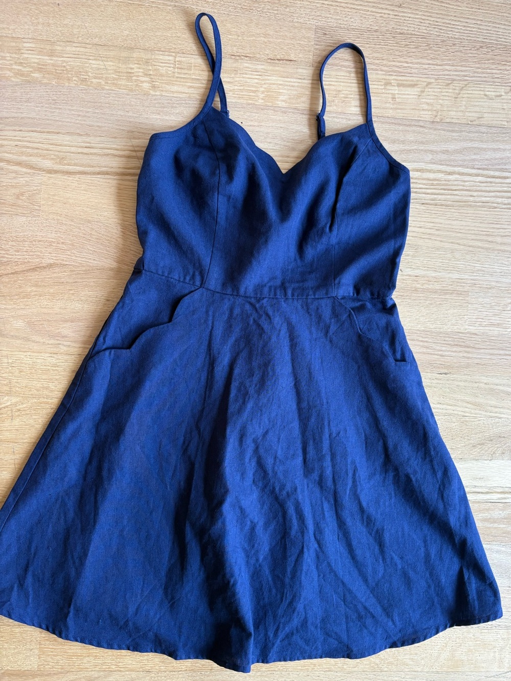 Navy Spaghetti Strap Fit-and-Flare Linen Dress